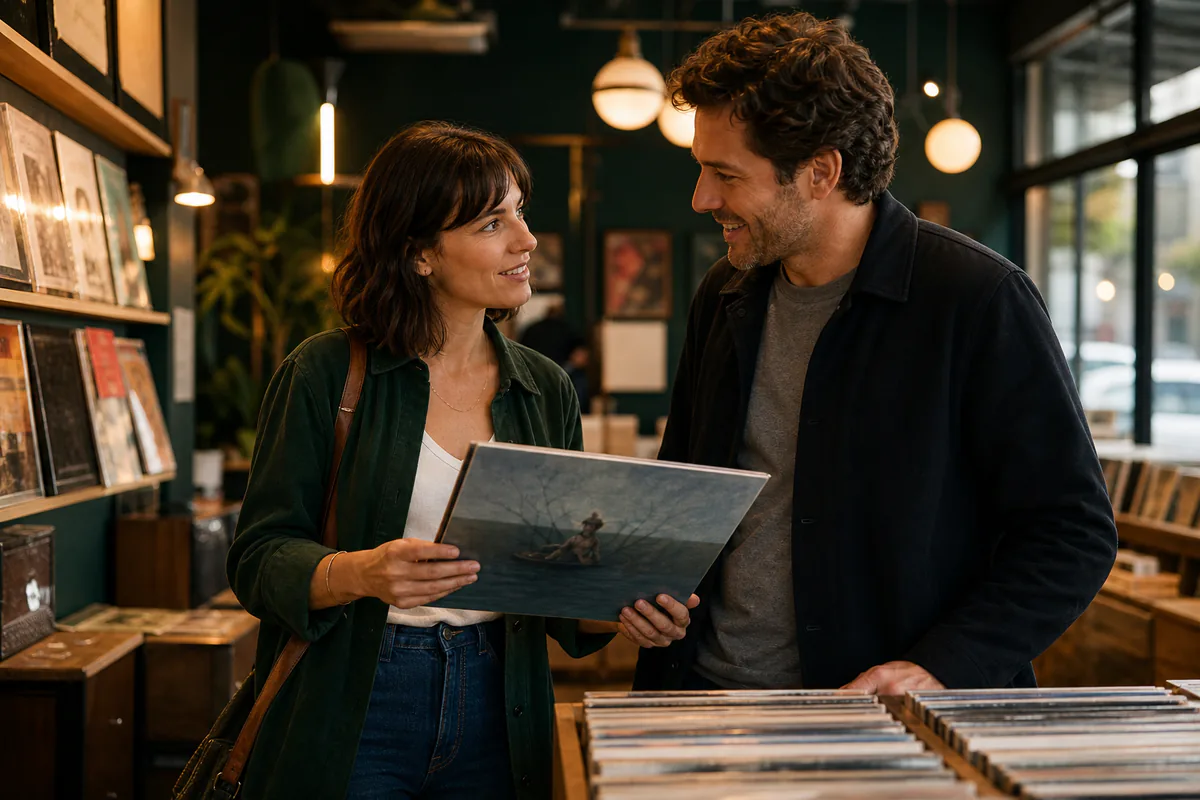 Adult man and woman having a thoughtful, relaxed conversation while browsing records