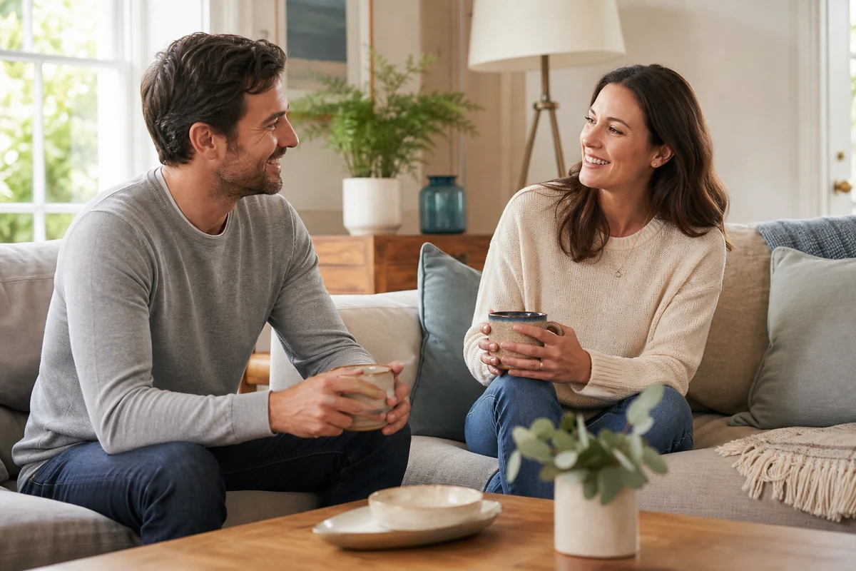 Adult couple reconnecting through a calm conversation after herpes dating app fatigue
