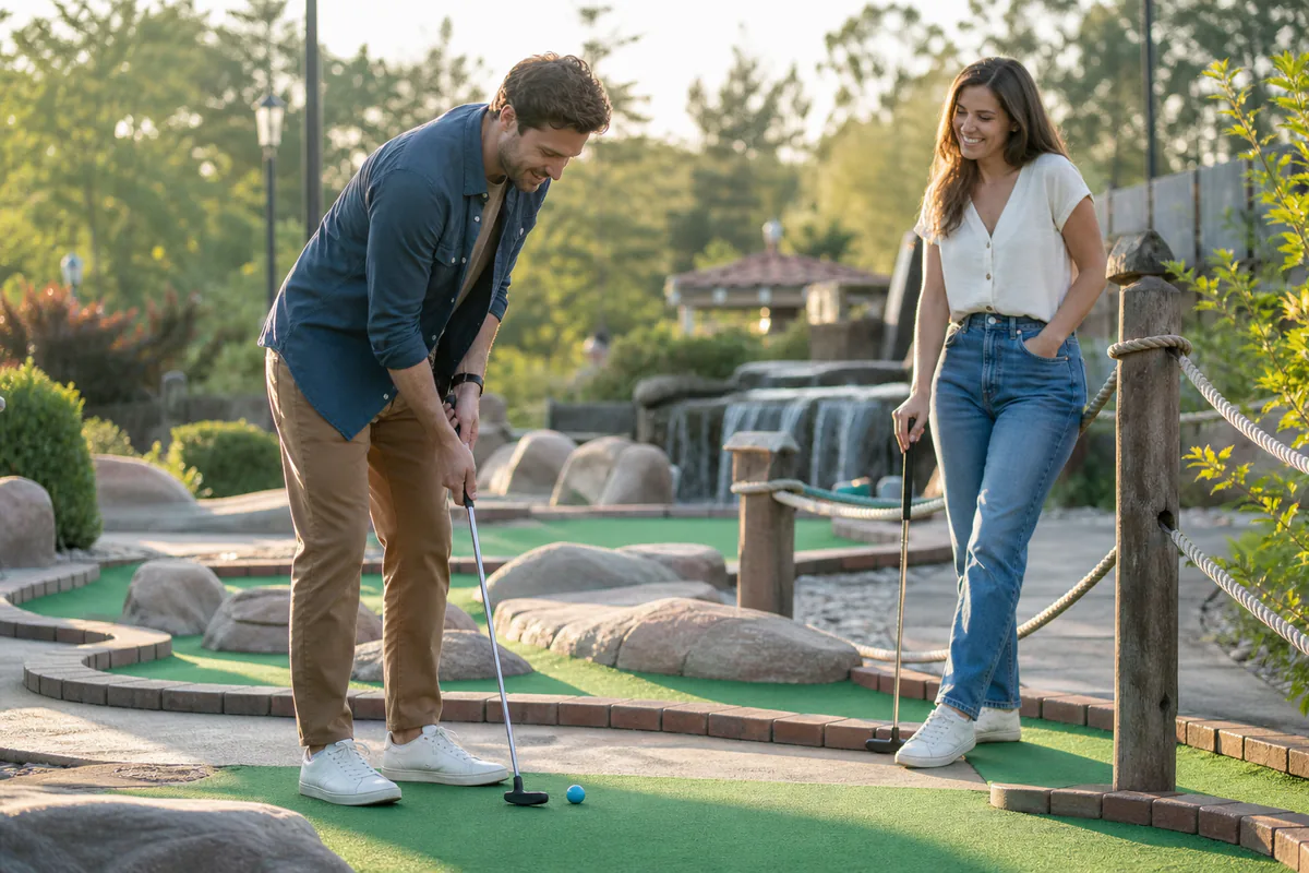 Adult man and woman enjoying a relaxed outdoor mini-golf date after an honest conversation