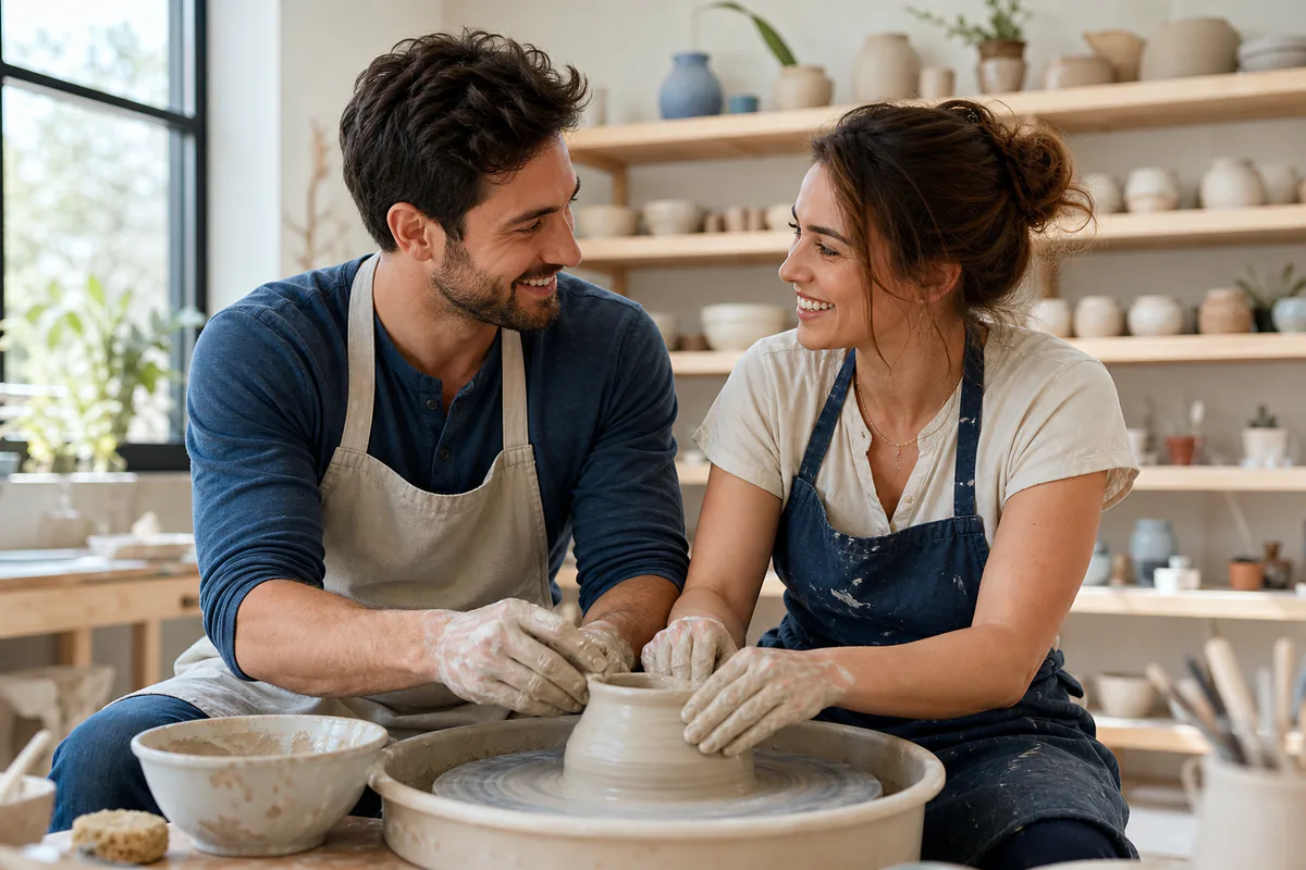 Adult man and woman cooperating and communicating during a pottery class date