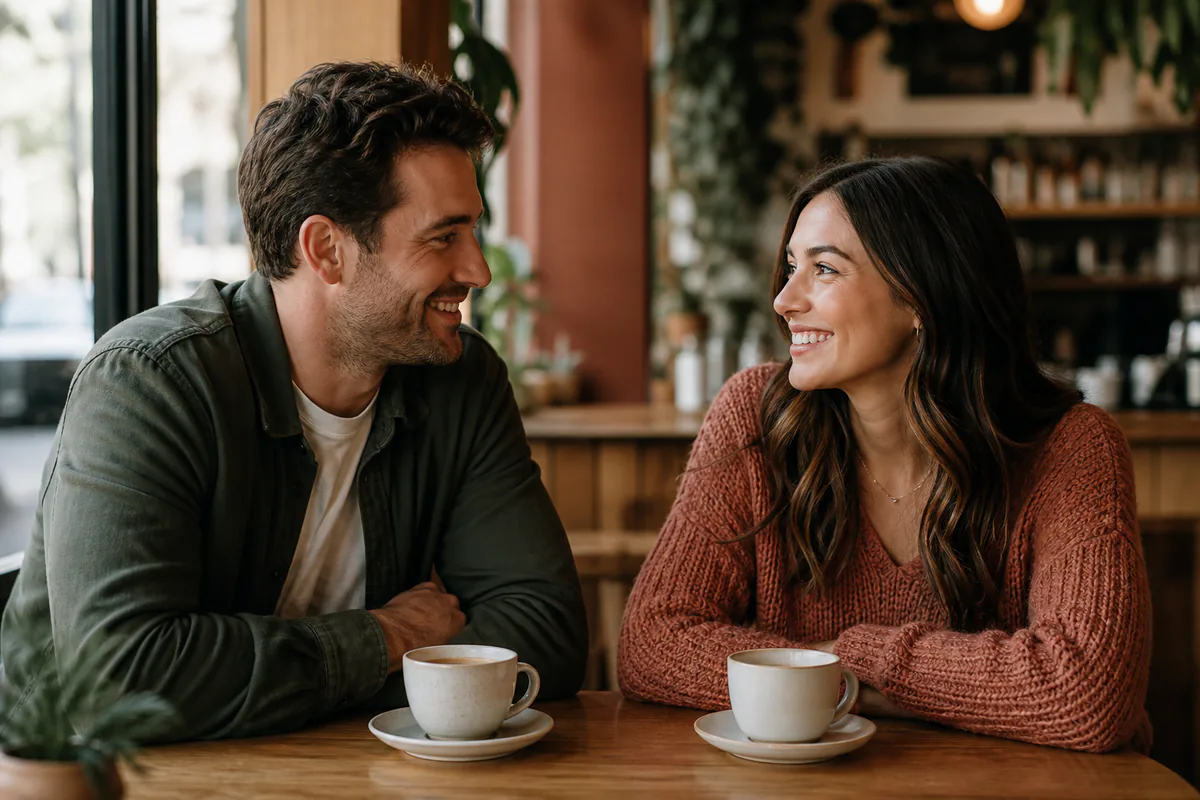 Adult couple smiling at each other during a relaxed coffee date