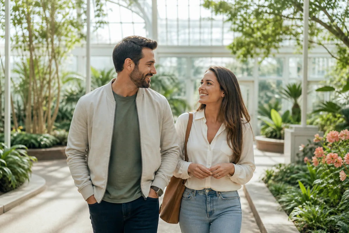 Adult man and woman talking during a relaxed date in a bright botanical conservatory