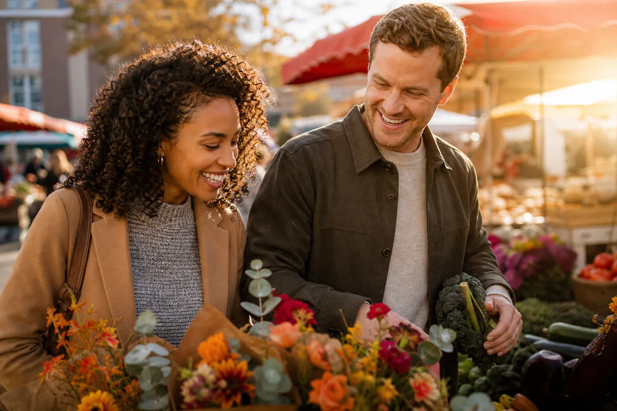 Adult man and woman laughing together during a warm farmers-market date