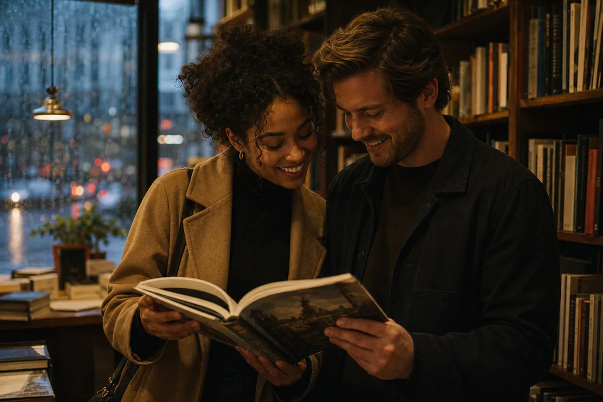 Adult couple sharing an easy conversation during a rainy evening bookstore date