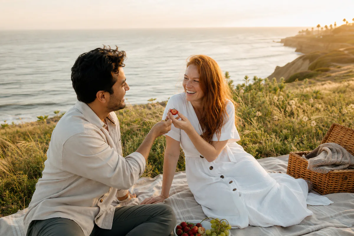 Adult couple laughing together during a golden-hour seaside picnic date