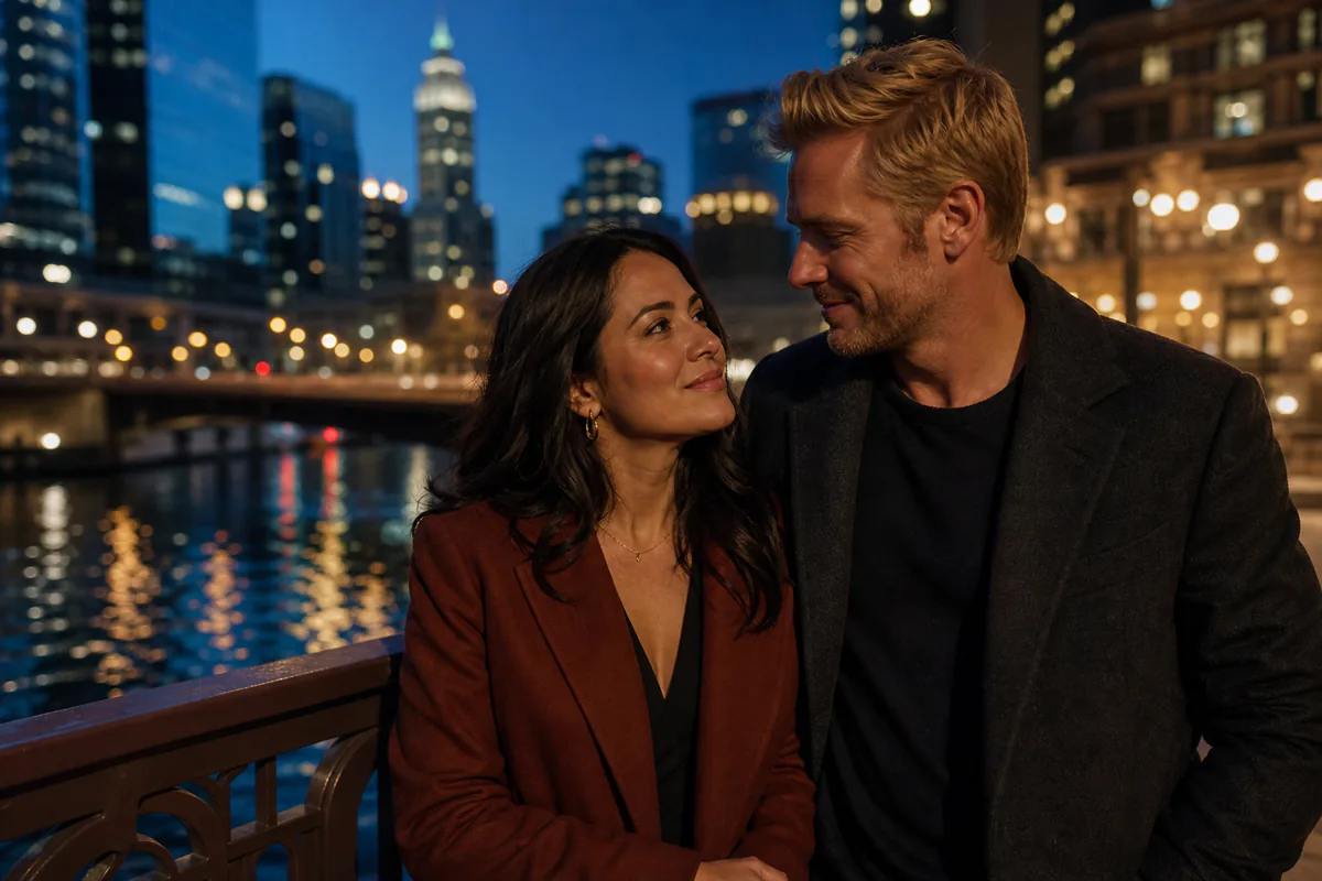 Adult couple sharing a quiet smile on a city riverfront date at blue hour