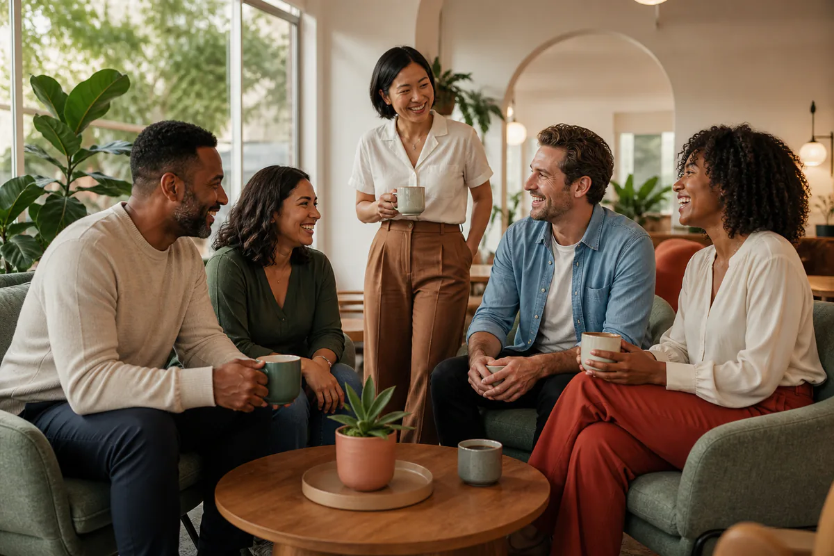 Diverse group of adults sharing a friendly conversation in a bright community lounge