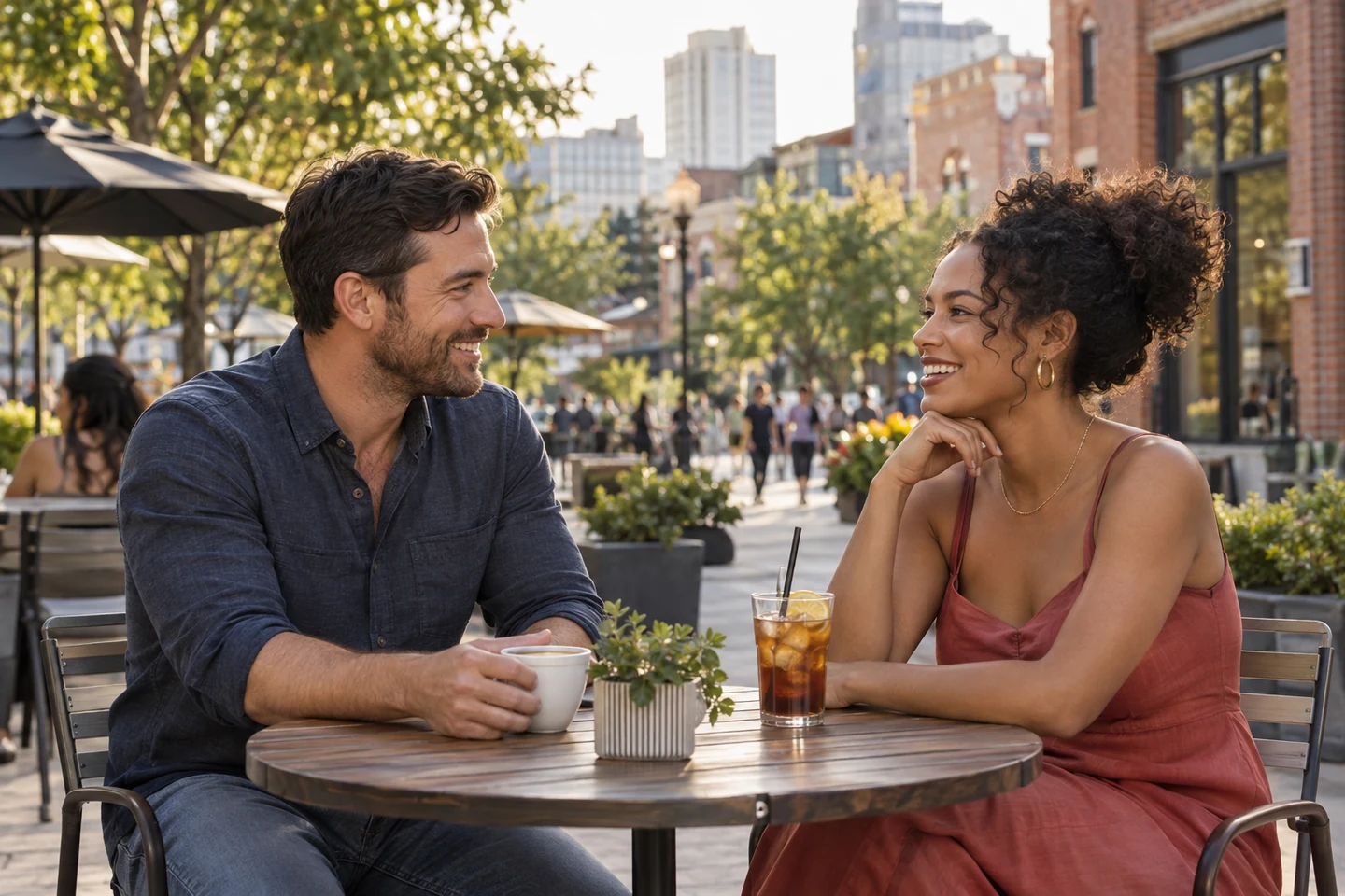 Happy couple talking during a casual cafe date