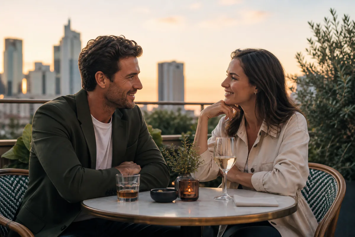 Adult man and woman sharing an attentive conversation on a rooftop cafe date
