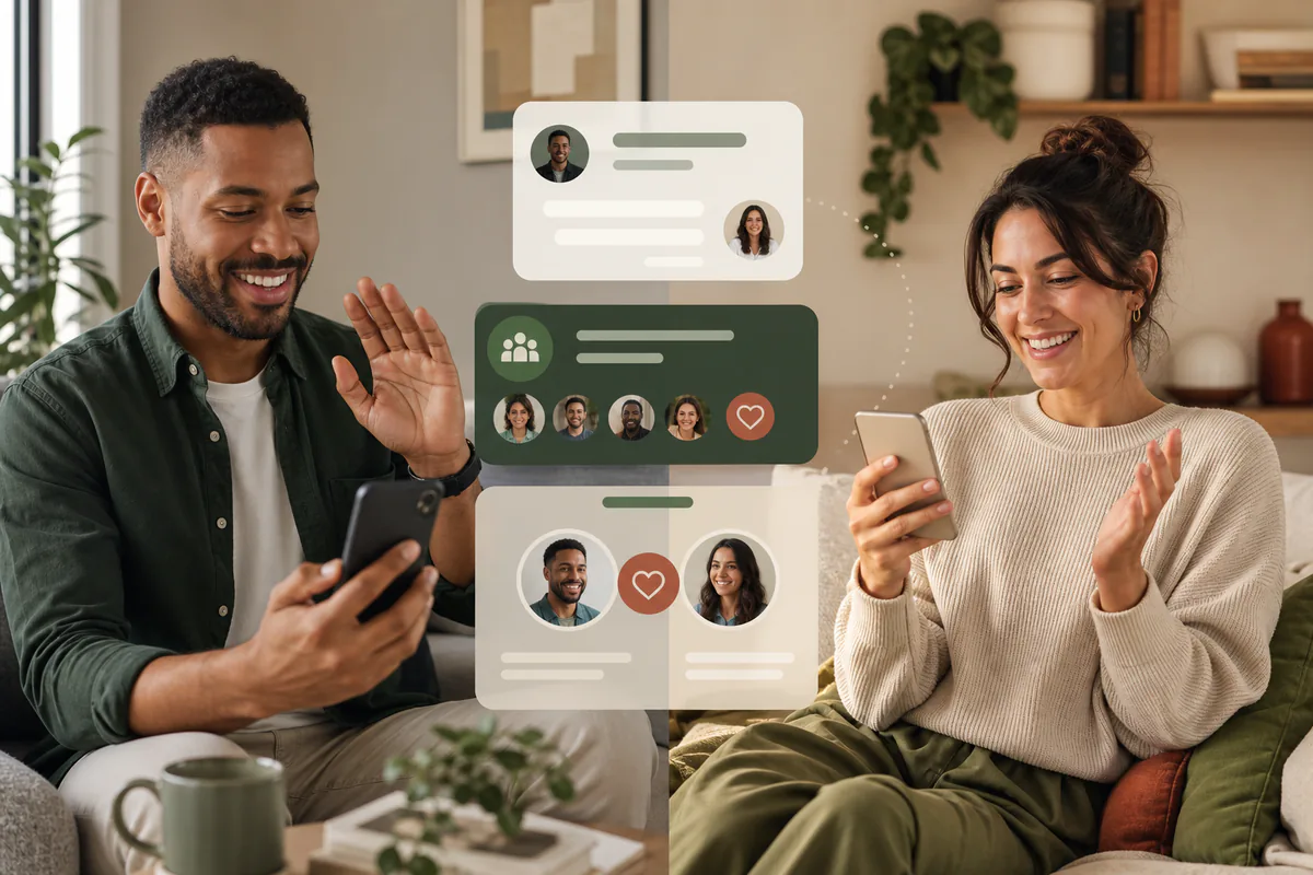 Two adults using private online dating and community tools