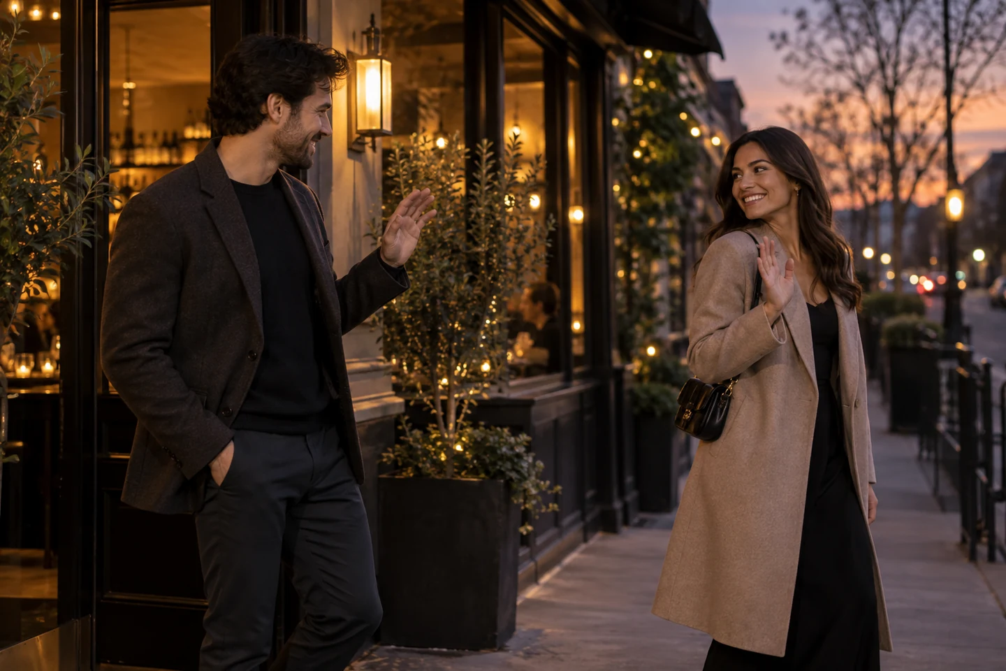 Adult man and woman sharing a thoughtful walk after an honest evening date