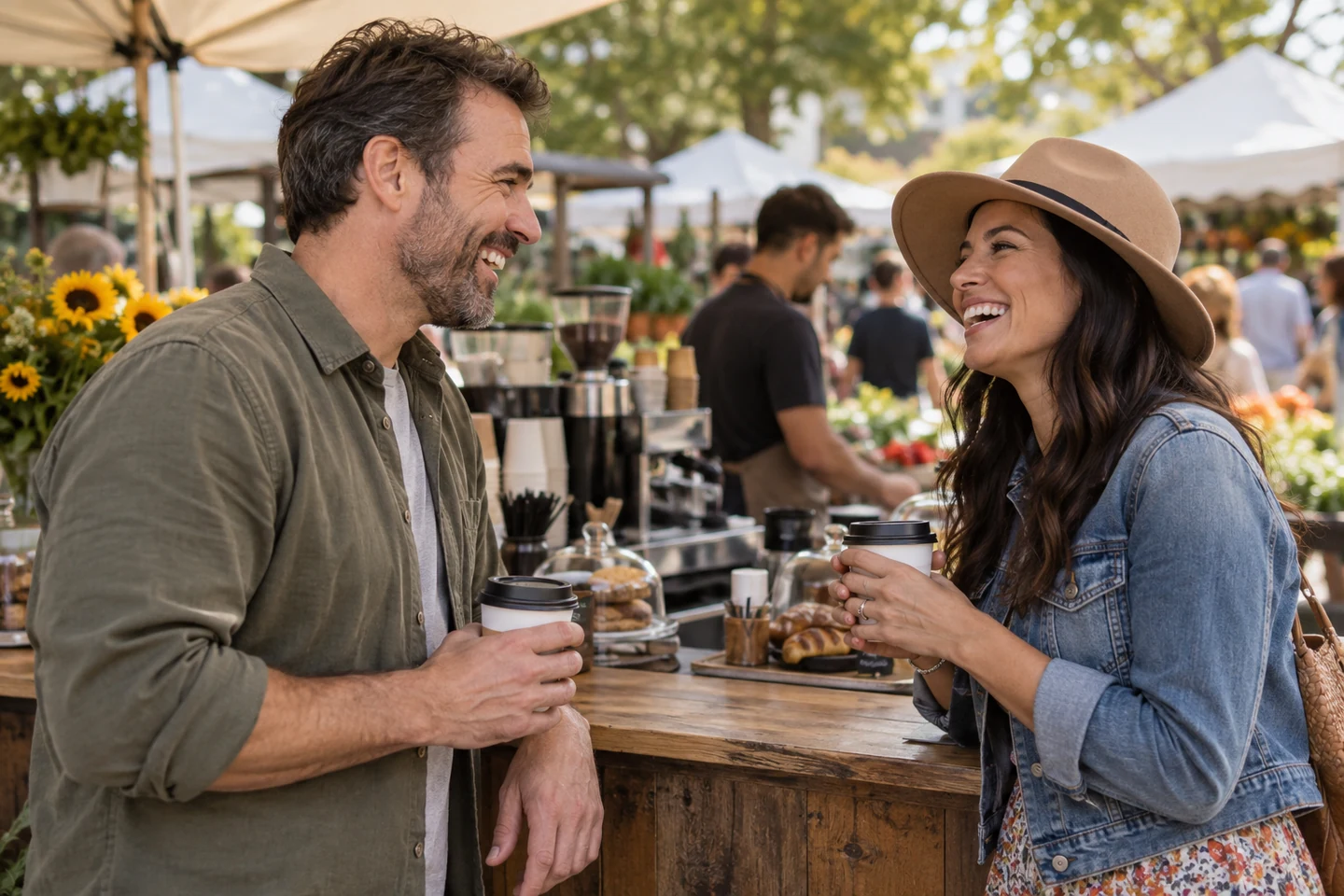 Adult man and woman having a thoughtful, relaxed conversation while browsing records