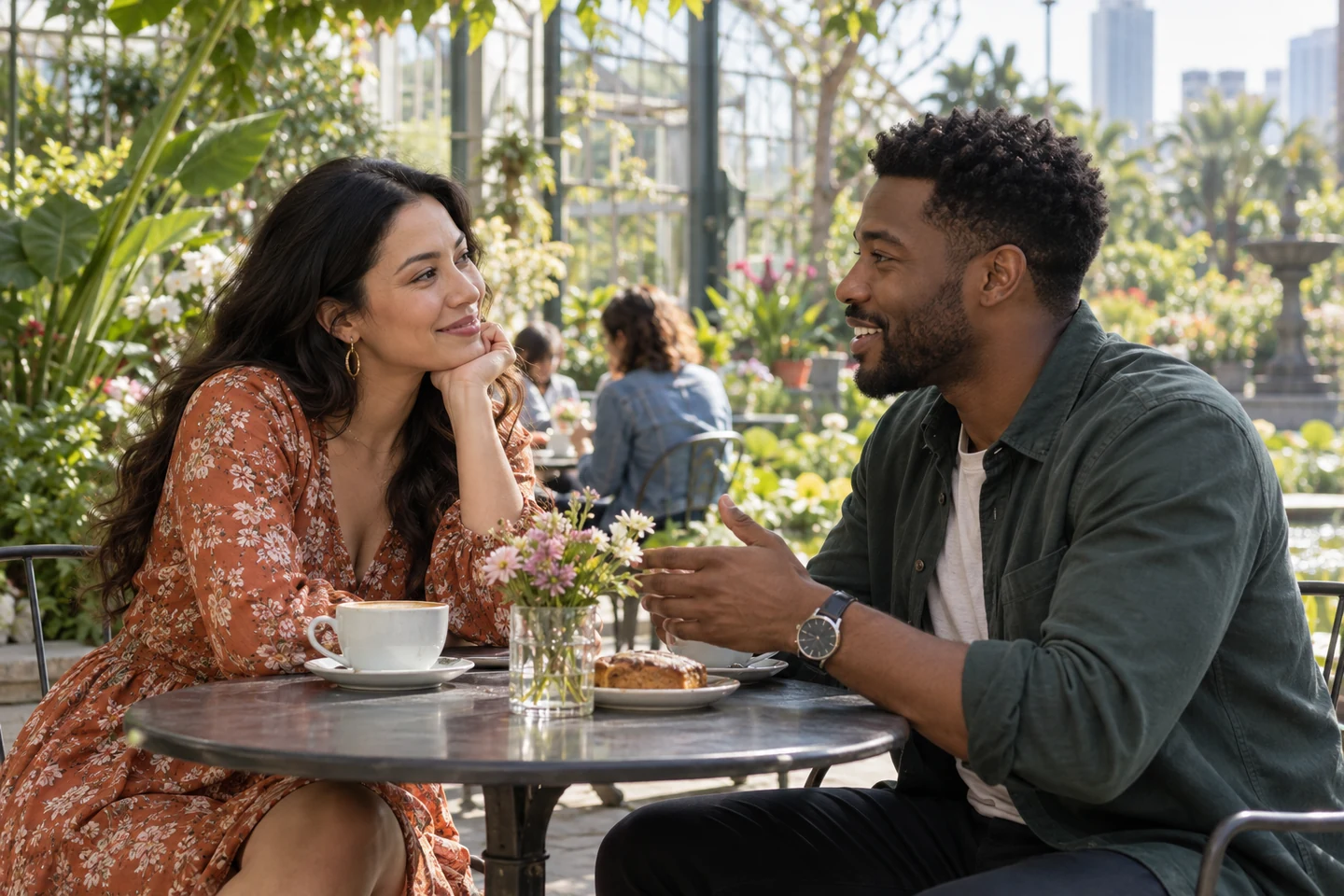 Adult couple smiling at each other during a relaxed coffee date