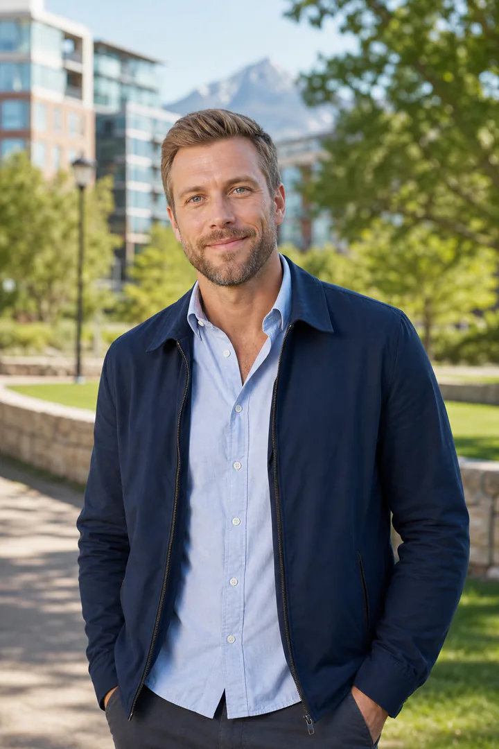 Smiling sandy-blond man in a navy jacket in a city park