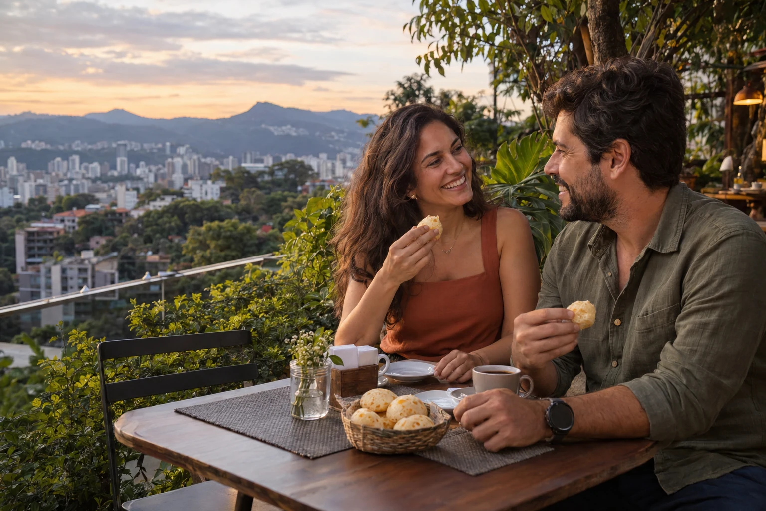 Casal brasileiro adulto ilustrativo compartilhando café em Belo Horizonte