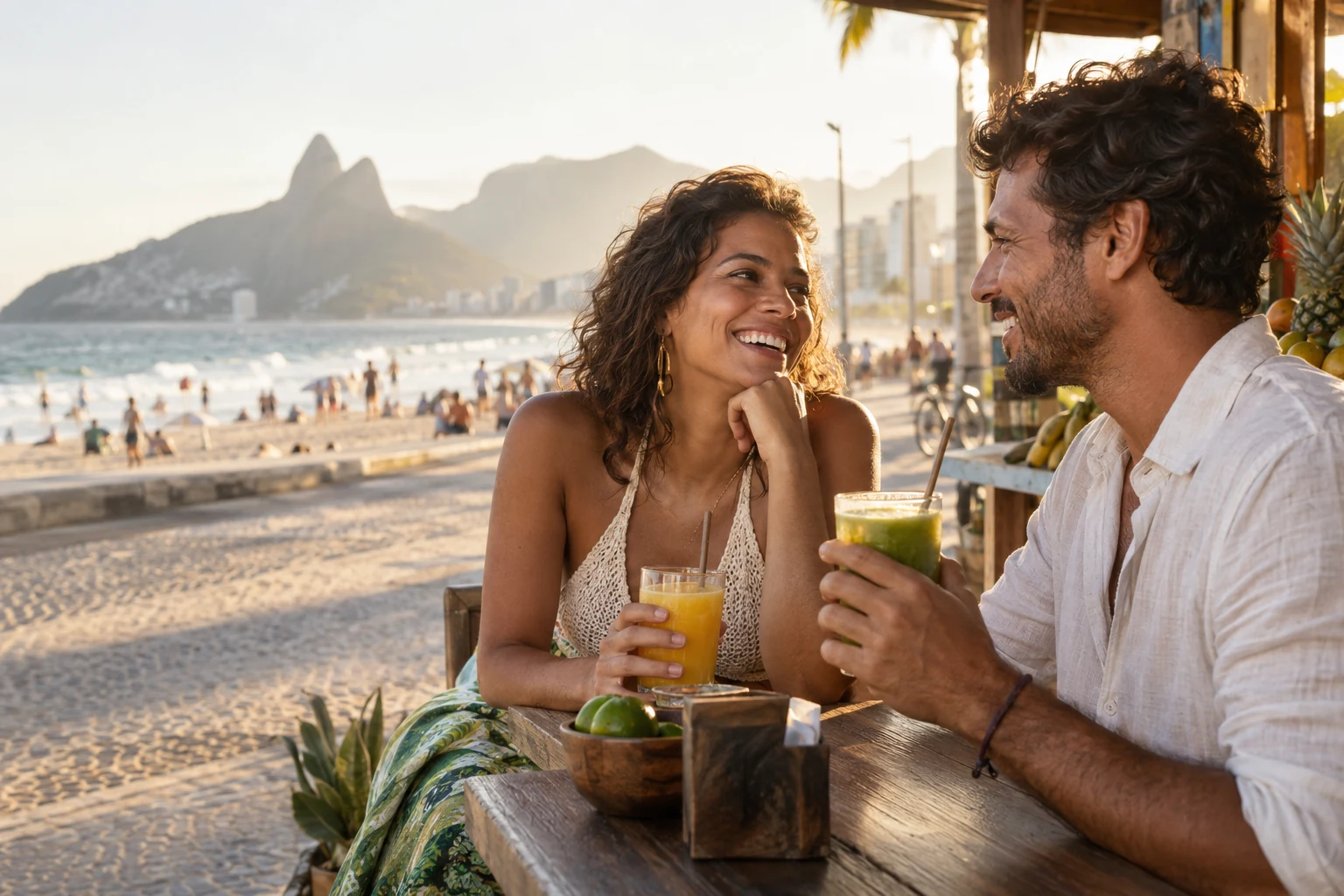 Casal brasileiro adulto ilustrativo conversando em um quiosque no Rio de Janeiro