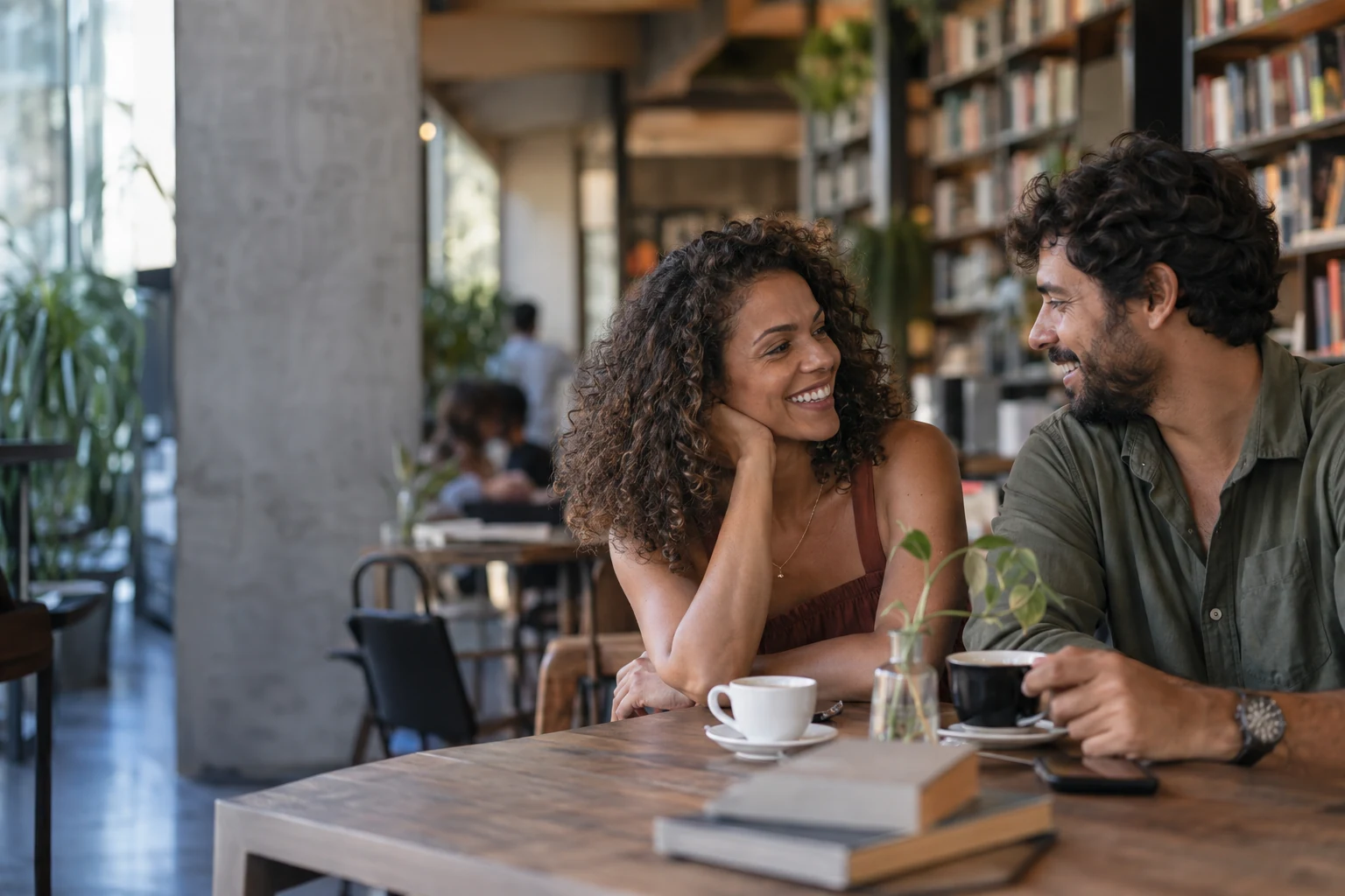 Casal brasileiro adulto ilustrativo conversando em um café-livraria de São Paulo