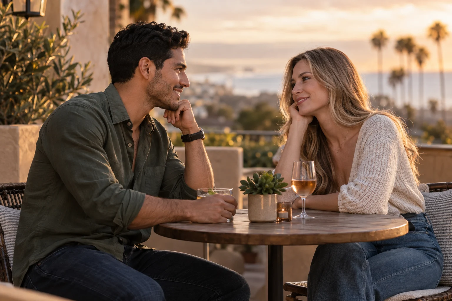 Adult couple enjoying an easygoing café date in coastal California