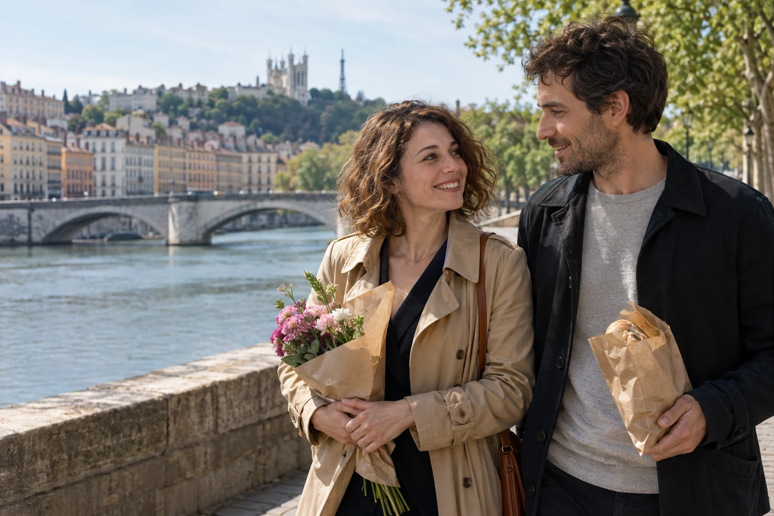 Couple adulte français illustratif échangeant au bord du Rhône à Lyon