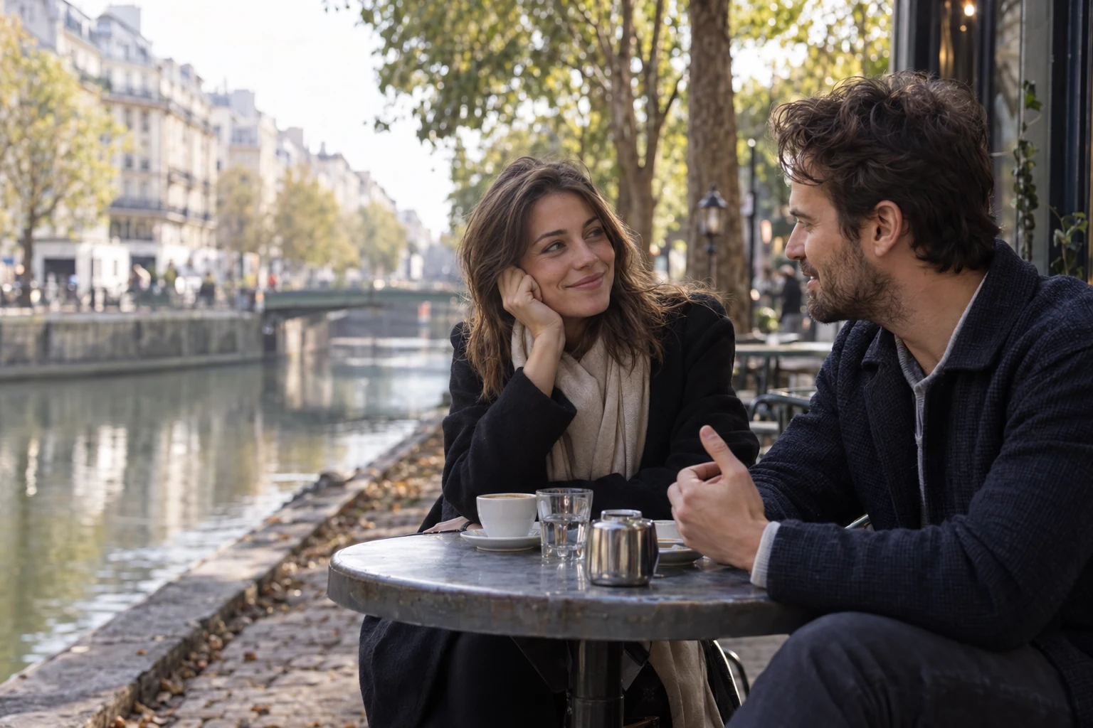 Couple adulte français illustratif échangeant dans un café au bord d’un canal francilien