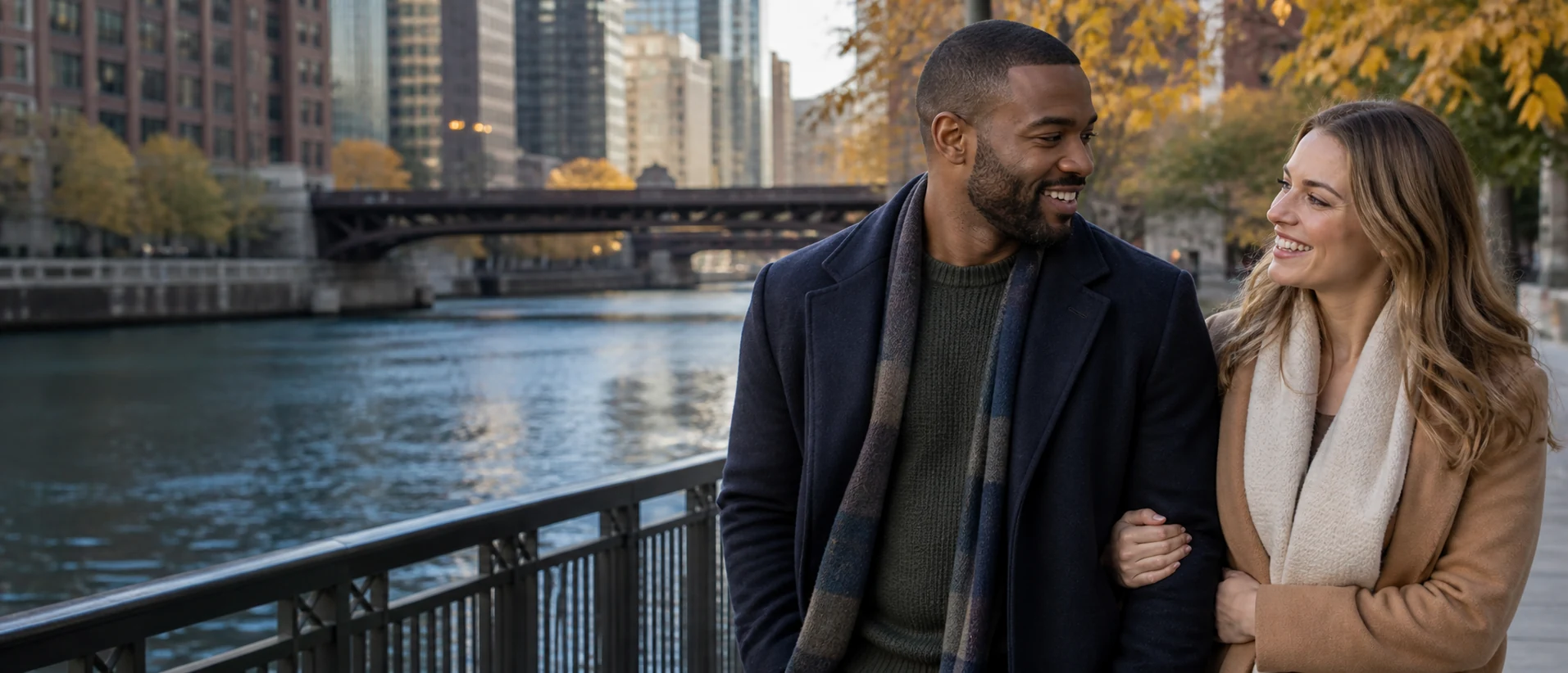Adult couple sharing a relaxed autumn walk beside the Chicago River