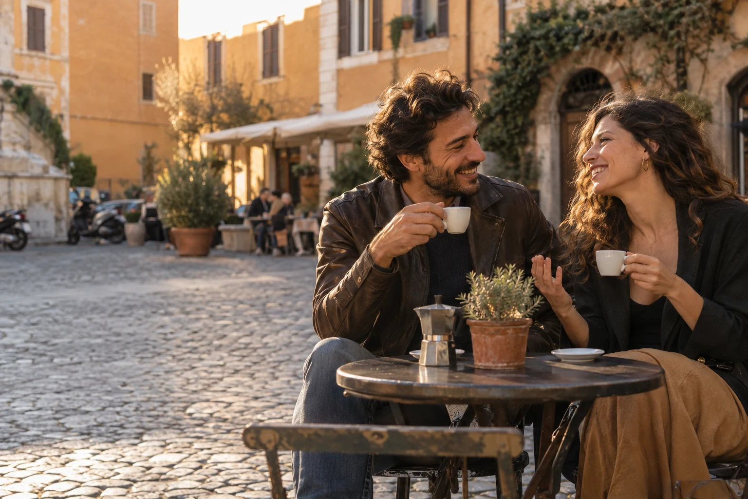 Coppia italiana adulta illustrativa che conversa in una piazza di Roma