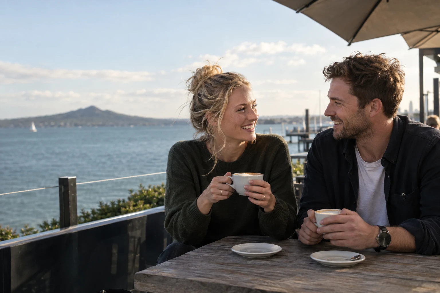 Illustrative New Zealand adult couple talking at an Auckland waterfront café