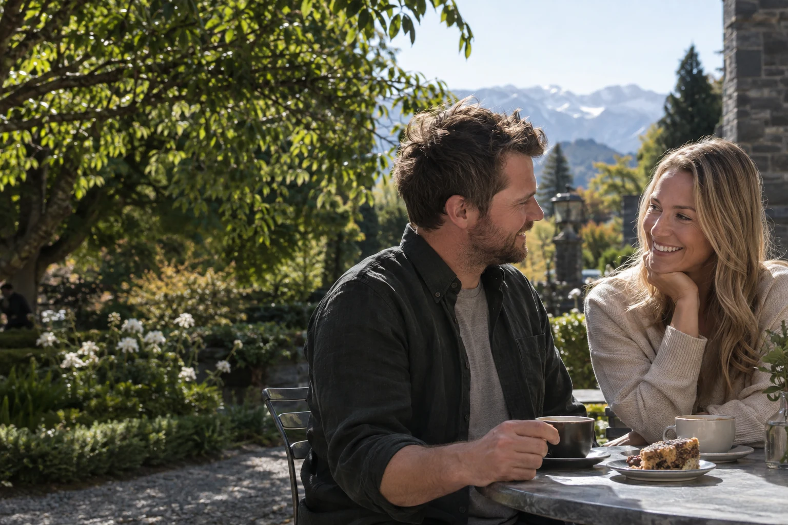 Illustrative New Zealand adult couple talking in a Christchurch garden café