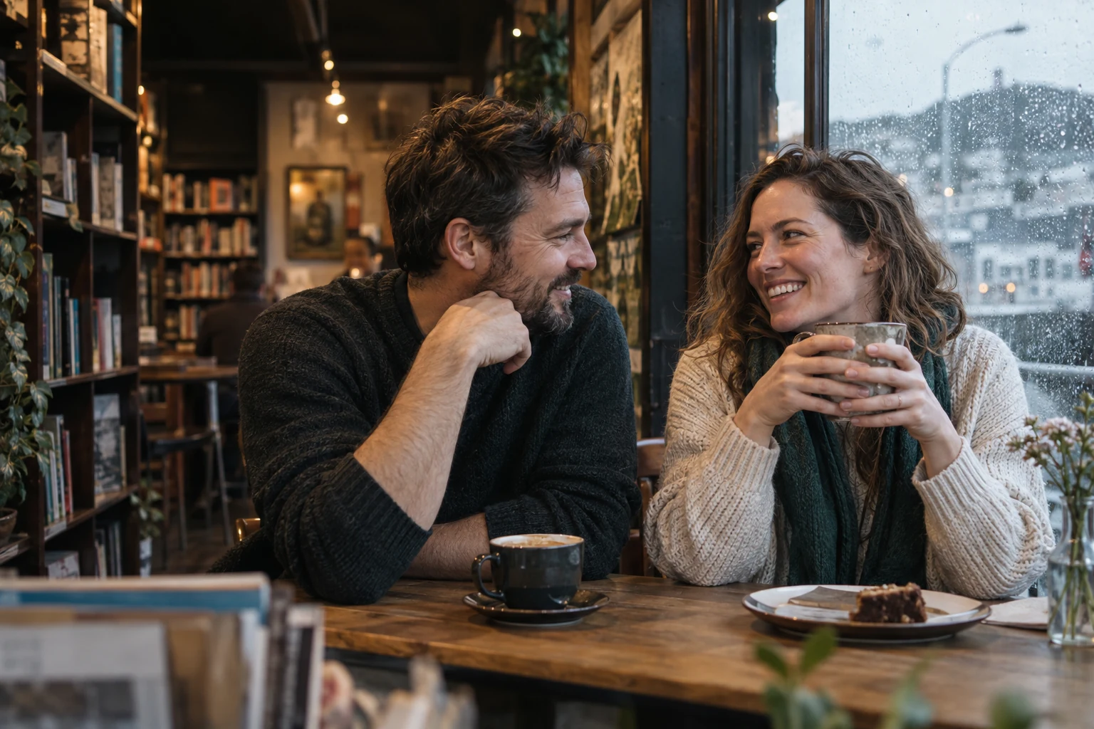 Illustrative New Zealand adult couple talking in a Wellington bookshop café