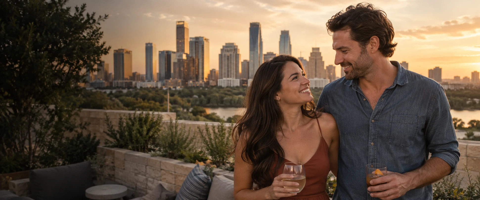 Adult couple enjoying a warm rooftop date with a Texas city skyline