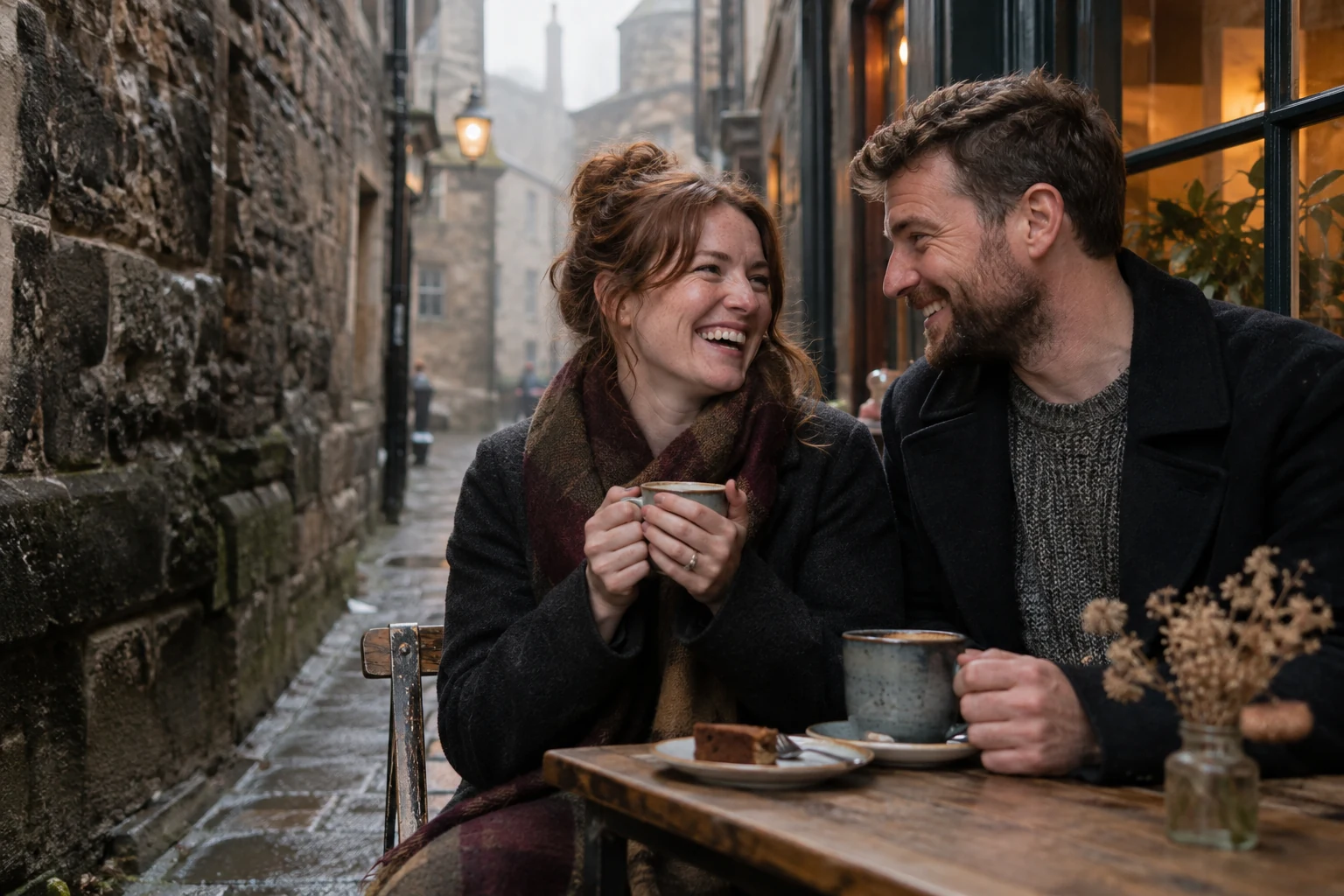 Illustrative Scottish adult couple talking at an Edinburgh café