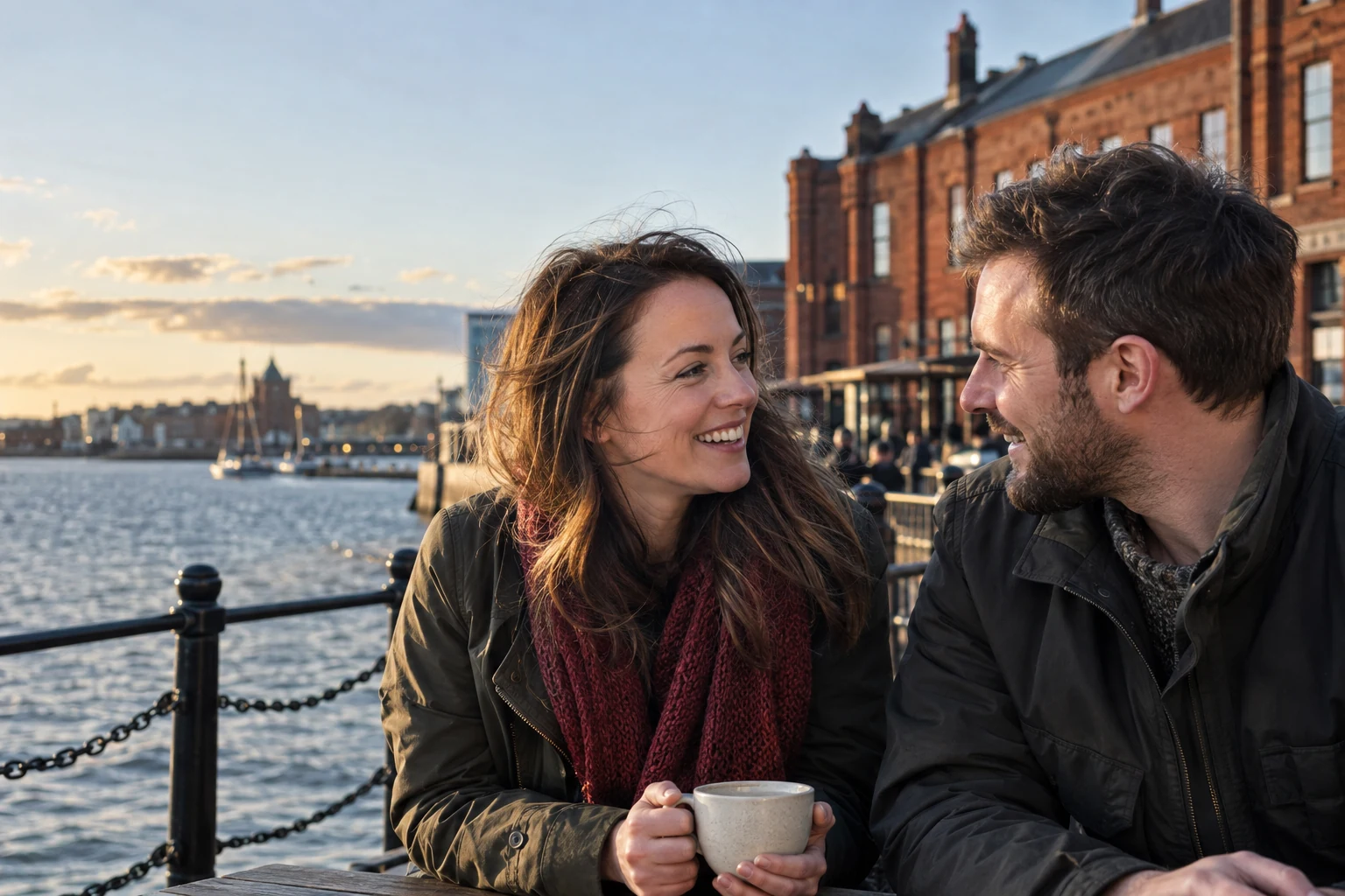 Illustrative Welsh adult couple talking on a Cardiff waterfront terrace