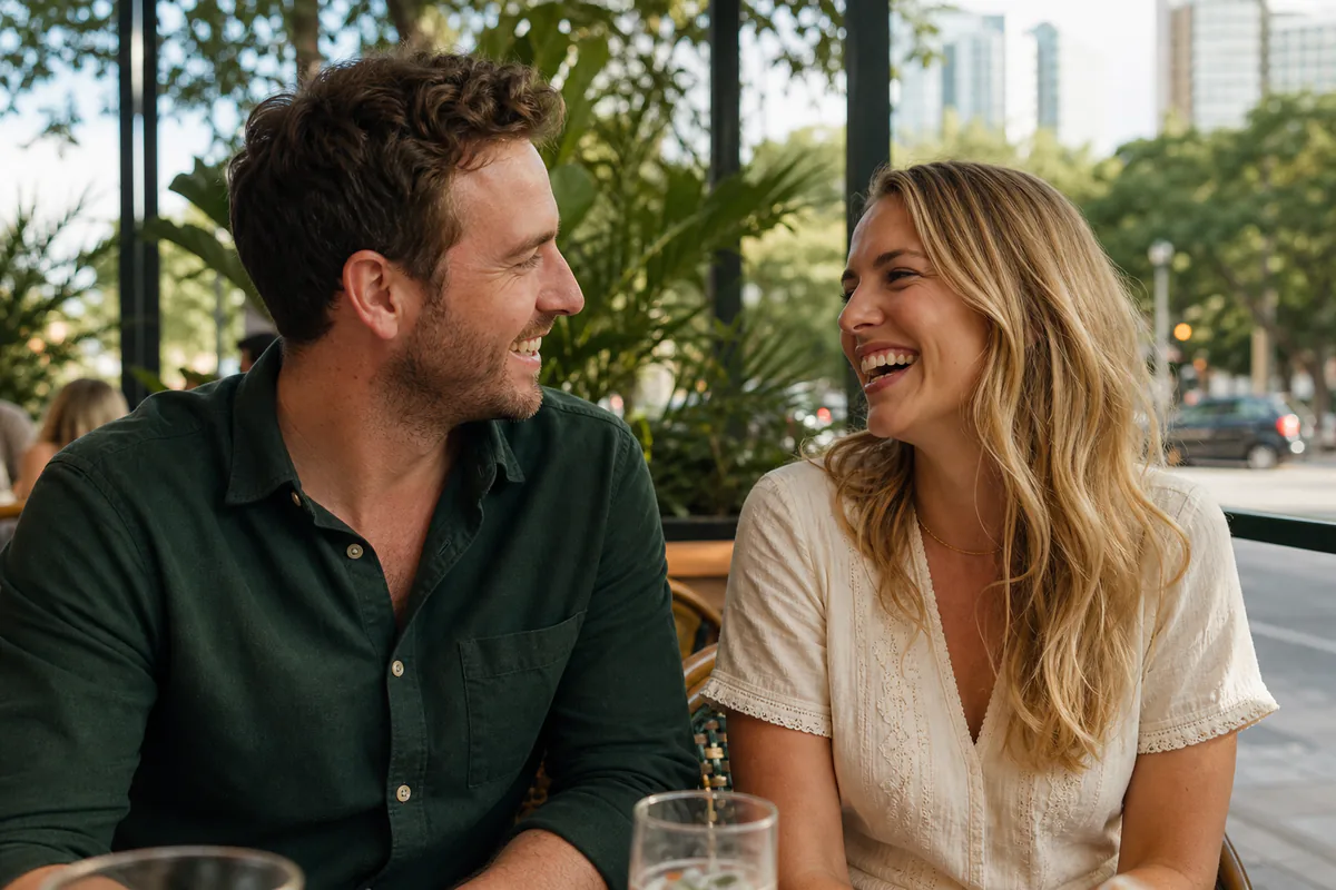 Happy couple sharing a relaxed coffee date in Austin
