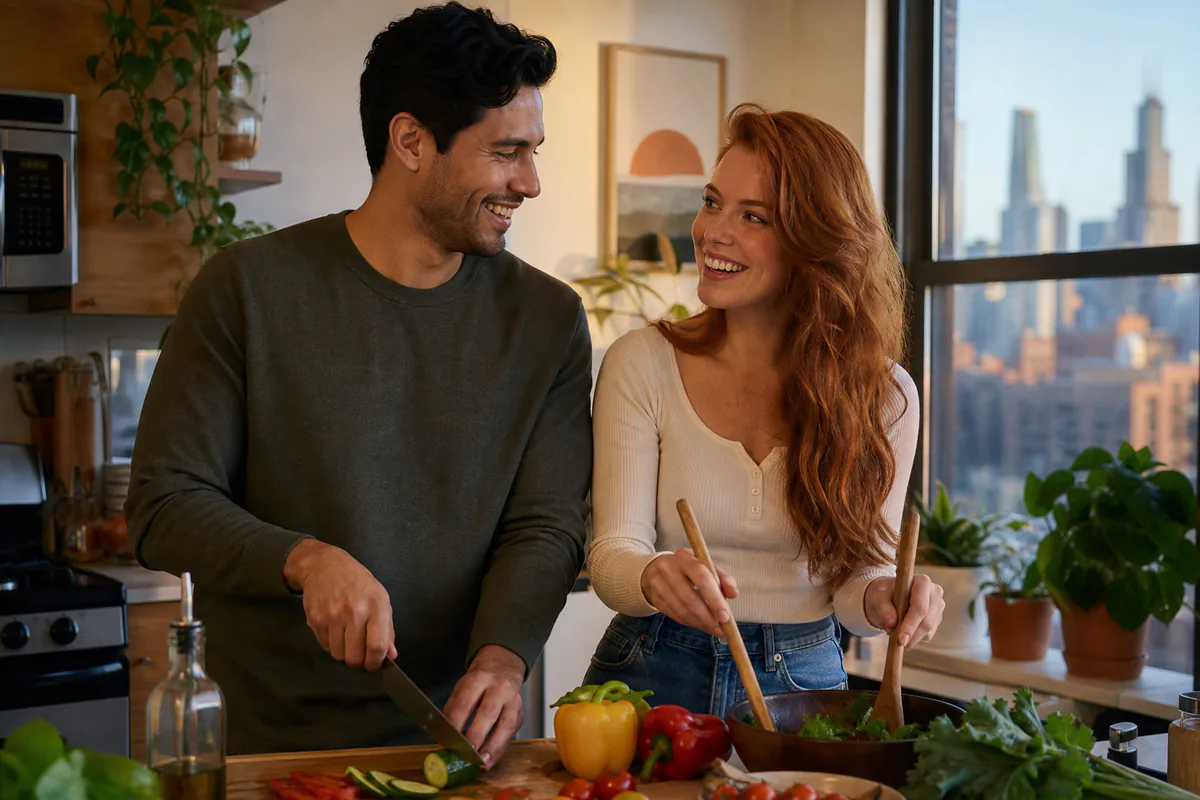 Happy couple cooking together in a bright Chicago kitchen