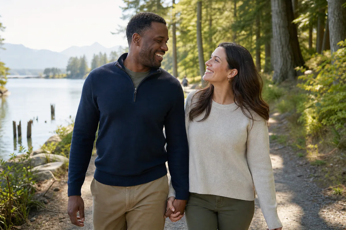 Happy couple walking beside a lake near Seattle